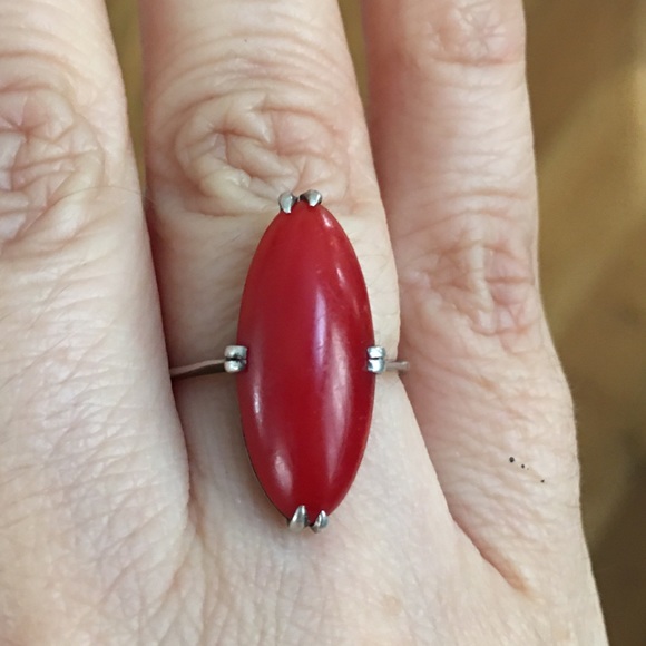 Japanese antique faux red coral silver ring - Picture 4 of 14